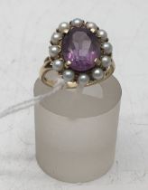 Ladies Edwardian period Amethyst and seed pearl ring, set in 9ct gold size M 4.7 grams