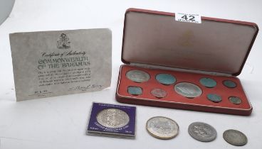 Bahamas a boxed set of Commonwealth coins and 2 silver commemorative coins