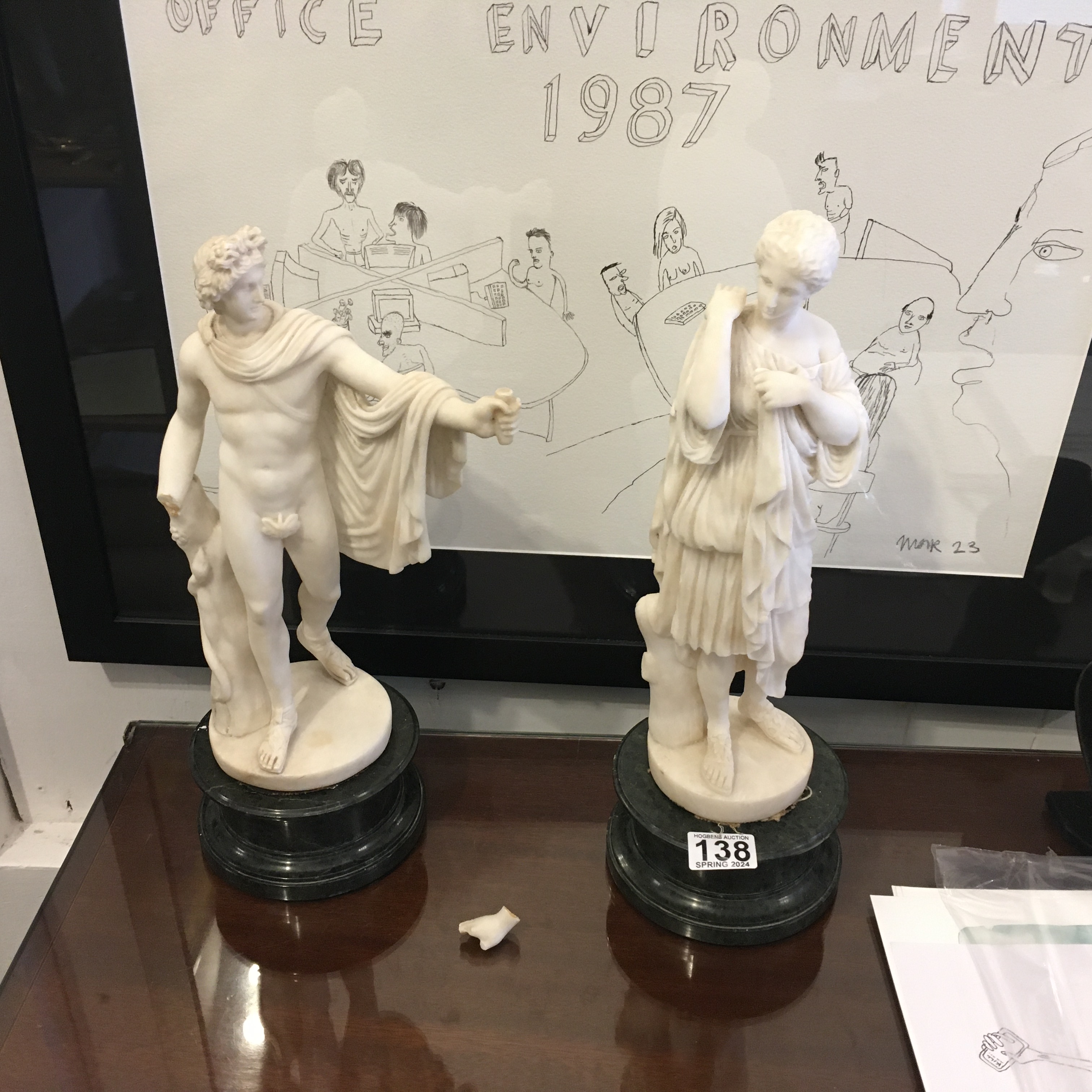2 x Alabaster figurines on coloured marble bases Galleria Apollo the other a female Artemis