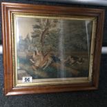 Hand painted 19 th Century Lithograph of children and dogs in walnut frame