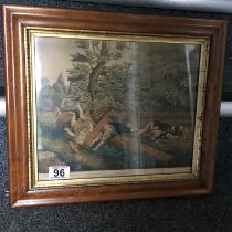 Hand painted 19 th Century Lithograph of children and dogs in walnut frame