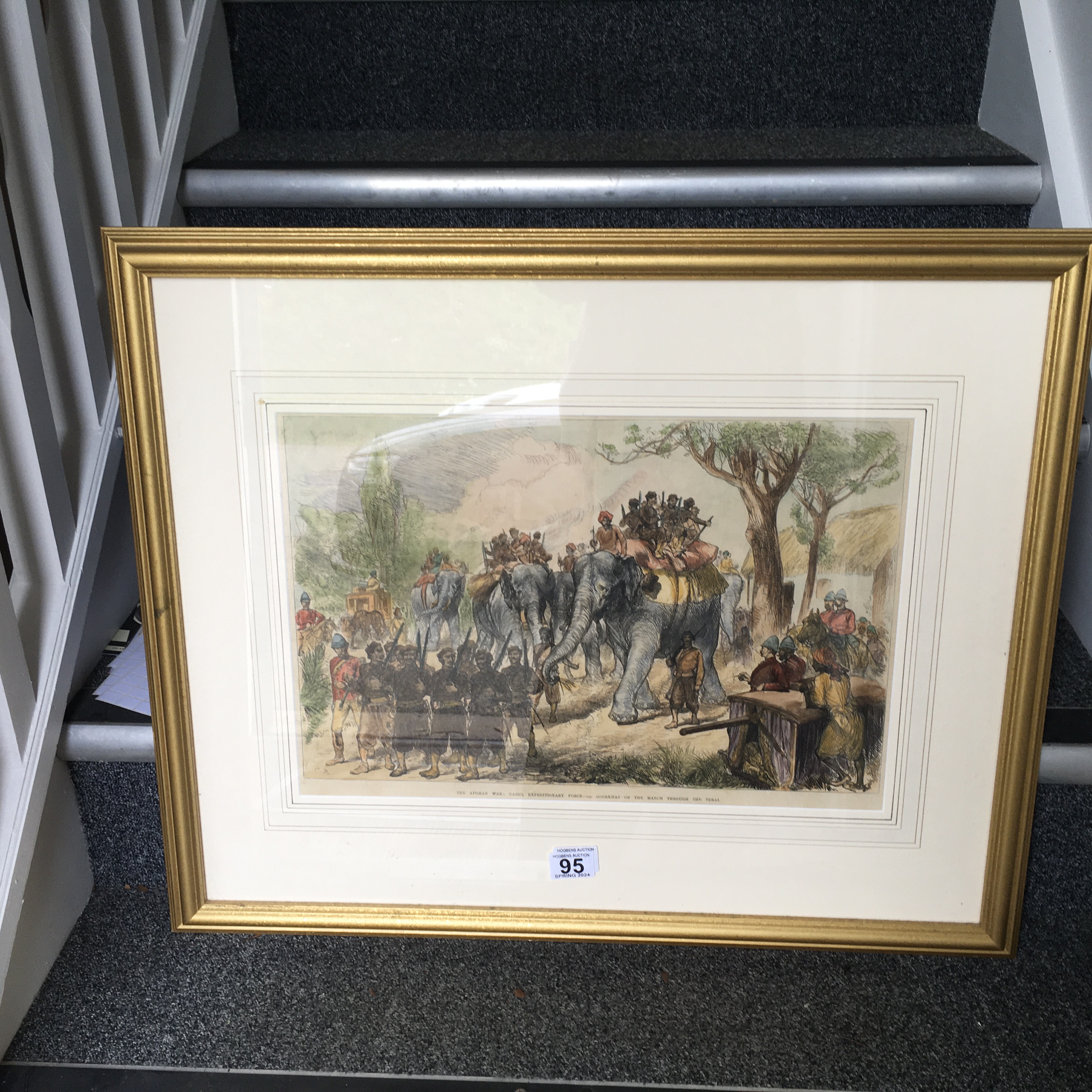 Framed and glazed hand coloured print The Afghan War, depicting soldiers, elephants and troops