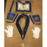 Masonic regalia, comprising apron, collar, gloves and cuffs, with leather carrying case The East