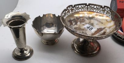 Silver Hallmarked comport 200 grams, Mappin & Webb Sheffield Hallmarked and a weighted silver vase