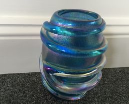 John Ditchfield a swirl iridescent blue vase 7" tall glasform lable to base fully signed model:114