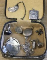 Selection of small silver items highlights include stamp holder, Georgian whisky lable