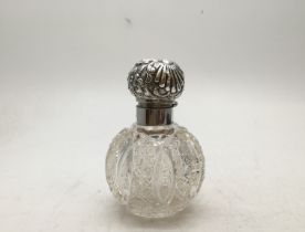 Cut glass base and silver topped scent decanter with original stopper 4.1/2inches tall