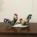 Rosenthal porcelain Roster Group, 2 x fighting cocks, hand painted with green Rosenthal mark, No: