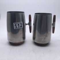 Pair of 1970's mid-20th century design tankards, stainless steel and teak