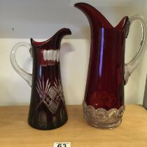 Large ruby glass lemonade jug 15inches tall and 1 other Bohemian water jug both c1920's