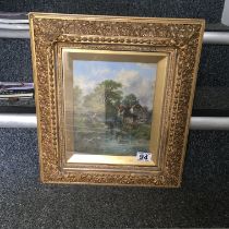 Gilt framed Victorian period painting on panel of a Watermill with Ducks signed bottom right L