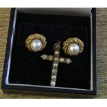 9ct gold small cross set with seed pearls and a similar pair of pearl set earrings also 9ct gold