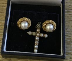 9ct gold small cross set with seed pearls and a similar pair of pearl set earrings also 9ct gold