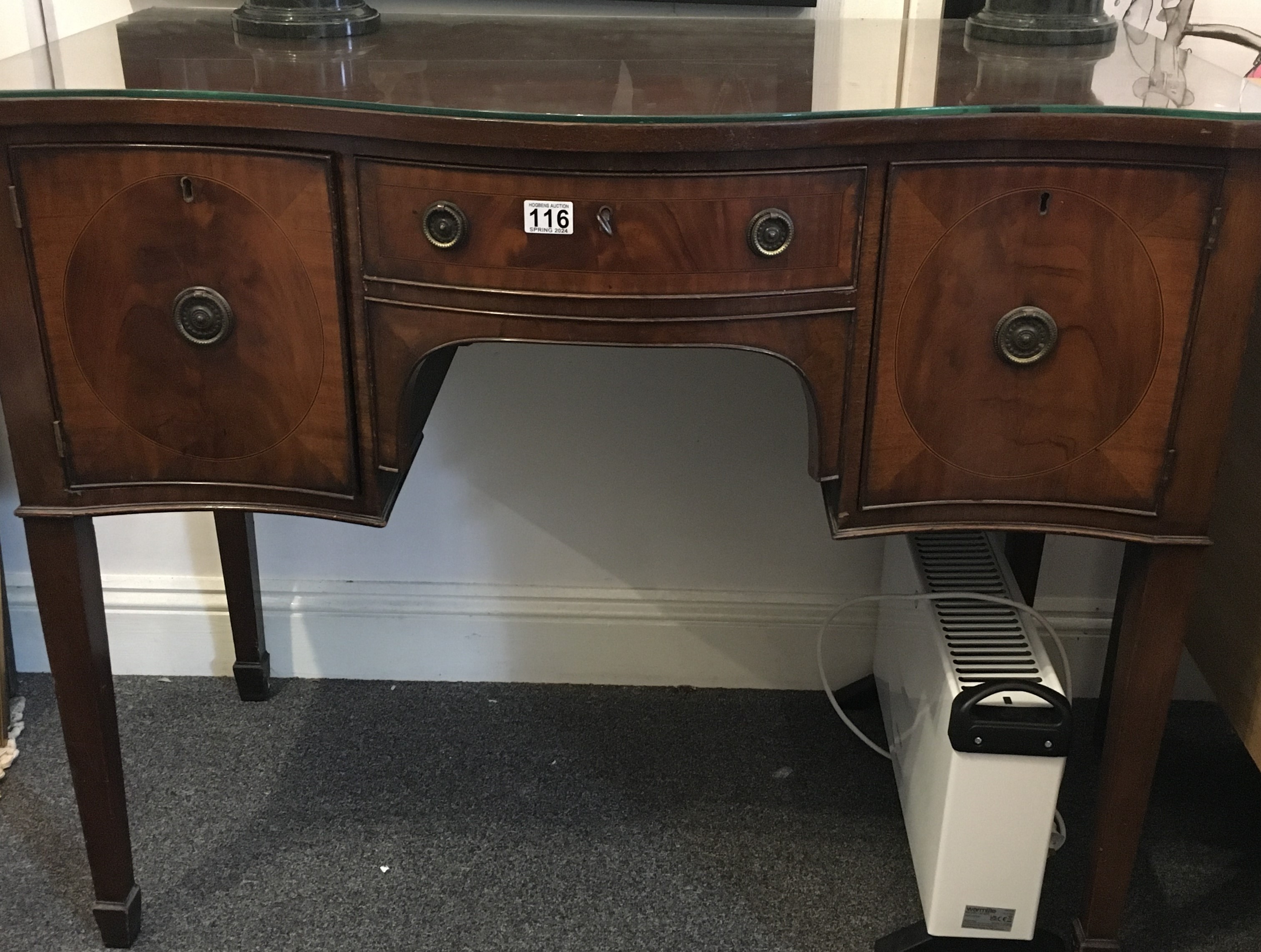 Mid-Victorian Sheraton revival serpentine fronted sideboard on tapering supports, cluster of - Image 2 of 2