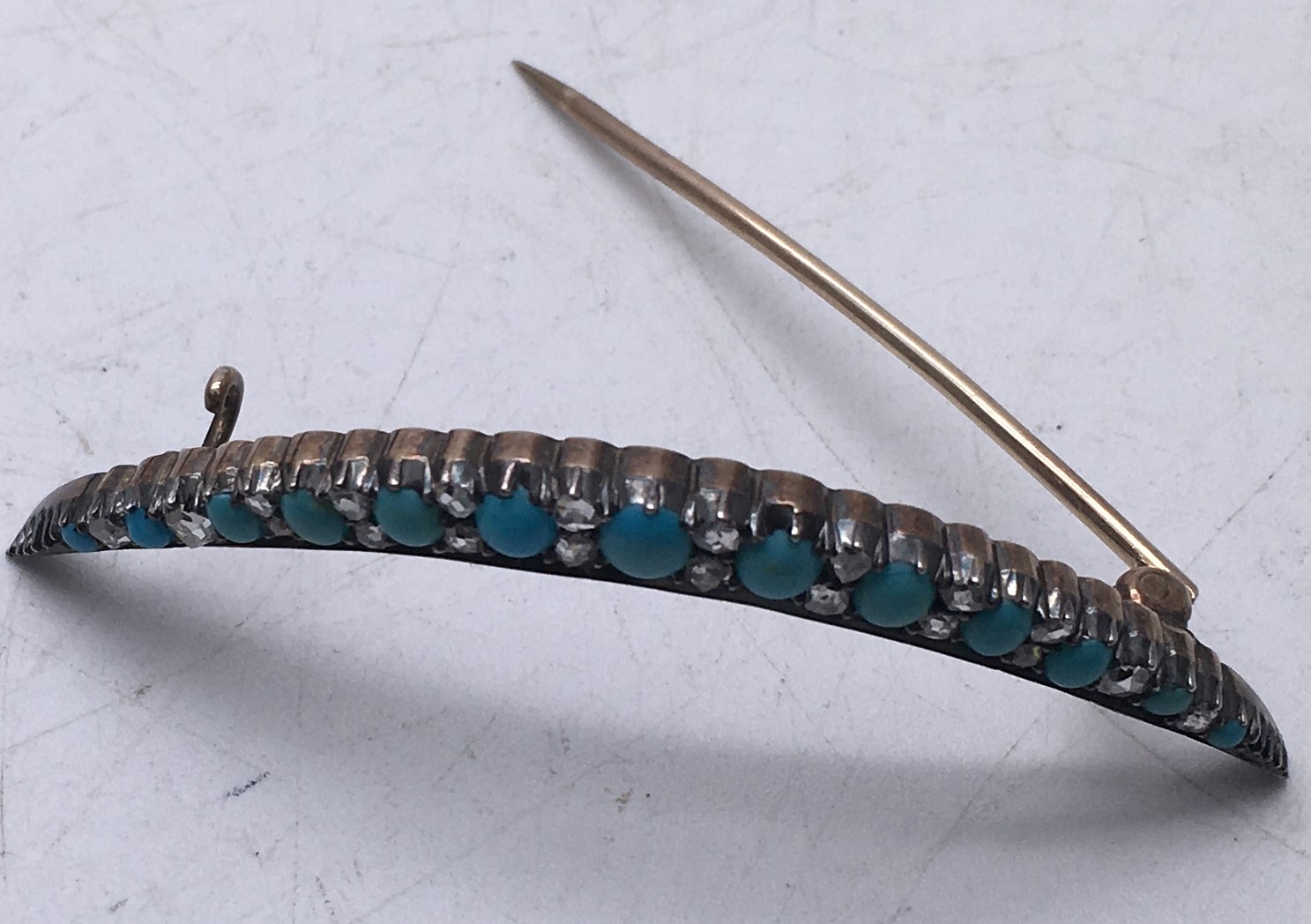 Fine Georgian period Diamond & Gold turquoise rose cut diamonds crescent shaped brooch 2.1/2 inches - Image 3 of 4