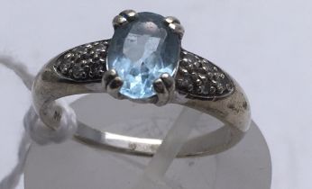 Ladies 9 carat gold ring set with Aquamarine, white gold size M, 3 grams