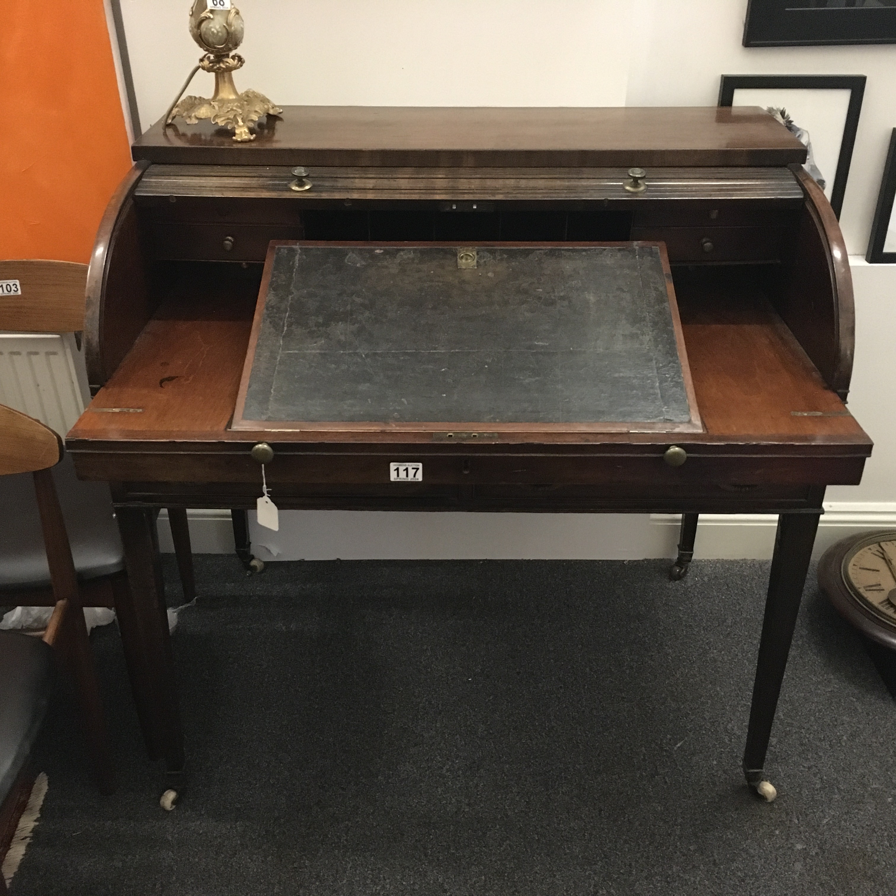 Fine Georgian period c1800 roll top desk with articulated leather writing area to the centre, a pull - Image 2 of 3