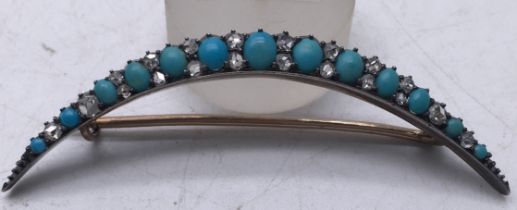 Fine Georgian period Diamond & Gold turquoise rose cut diamonds crescent shaped brooch 2.1/2 inches