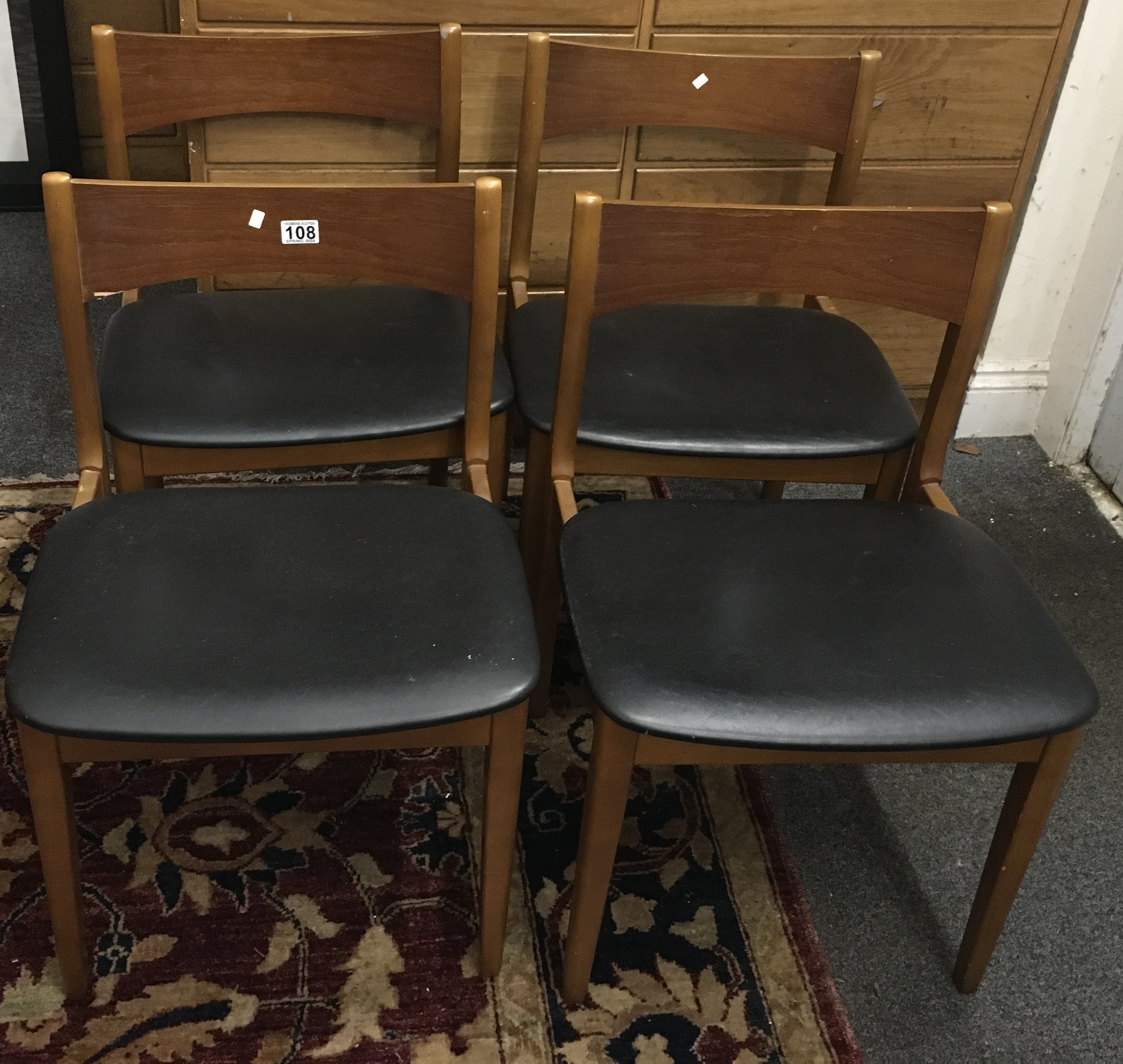 Matching set of 4 mid 20 th century G-Plan teak chairs with black leatherette upholstery