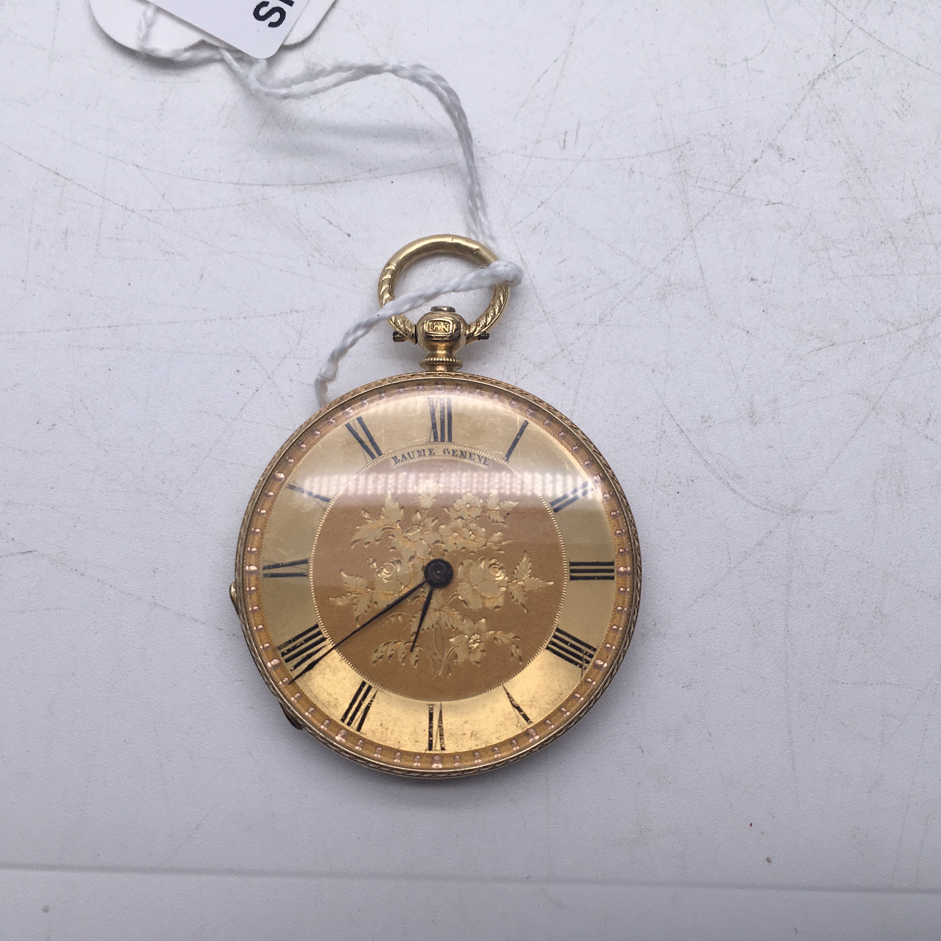 Baume Geneva pocket watch in 18 carat gold with mechanical movement the bessel has floral decoration - Image 3 of 3