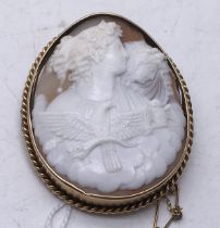 Victorian period carved Cameo brooch set in gold with safety chain classically carved head and