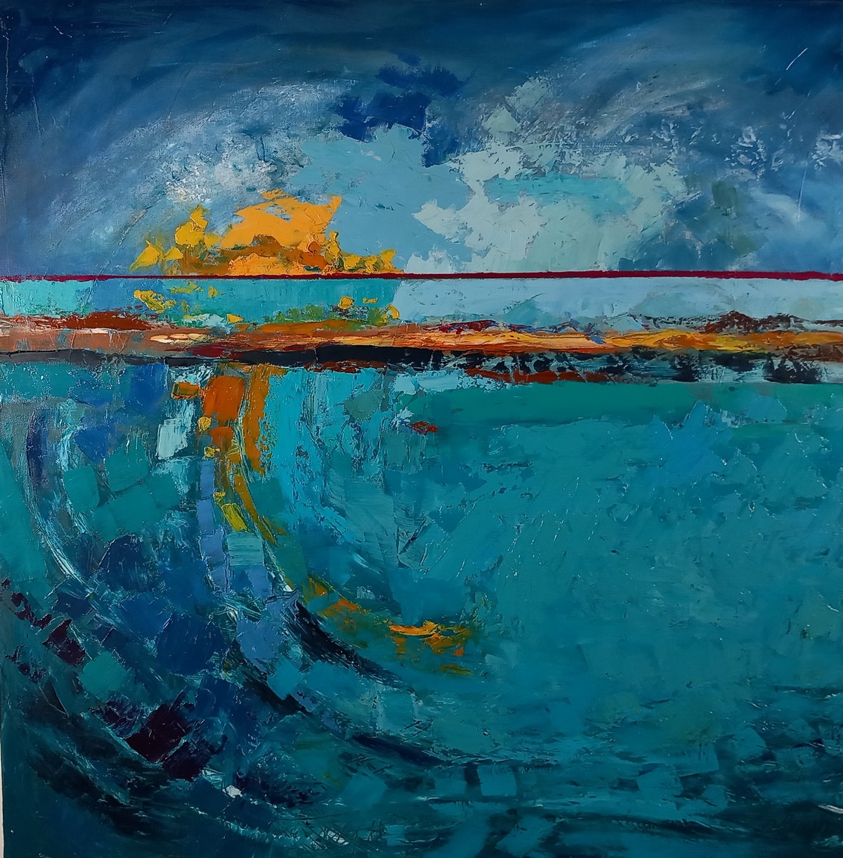 R BROWN (British 20th / 21st Century) Horizon, Oil on canvas, Signed lower right, 31.5” x 31.5” (
