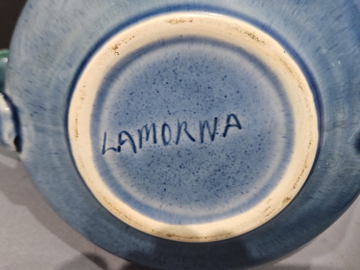 Lamorna Pottery, a Teapot and Butter / Cheese Cover on a blue / green ground, both marked with - Image 3 of 3