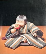 20th Japanese School, Child Doll dressed in a Kimono eating a piece of fruit, Colour print, 15” x