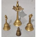 A collection of four brass bells, various design and sizes, (a/f)