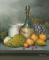 RAINBOW (20th Century) Still life with fruit and Italian Chianti Wine Bottle, Oil on canvas,