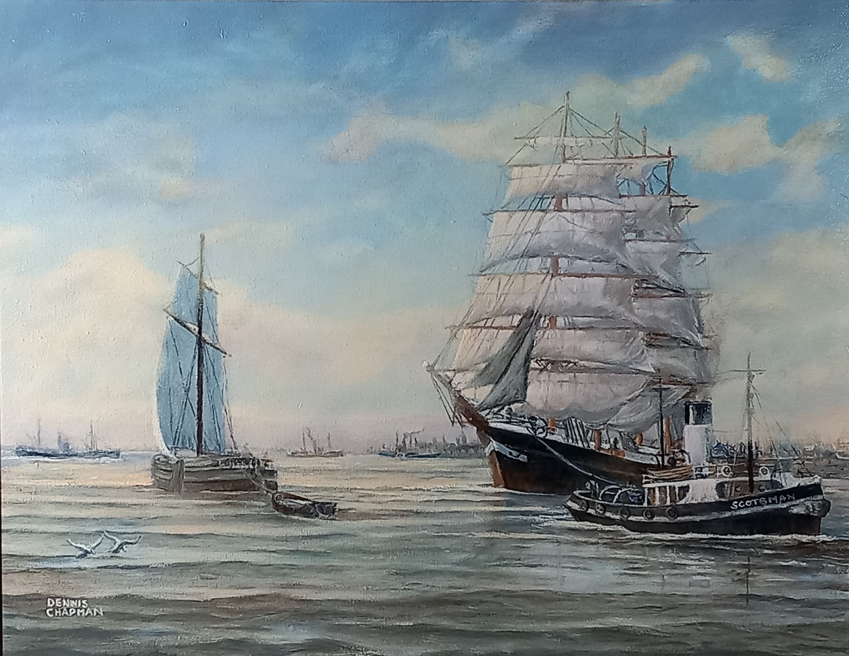 Dennis CHAPMAN (British 20th Century) Vessel under tow by the Scotsman, Oil on canvas, Signed