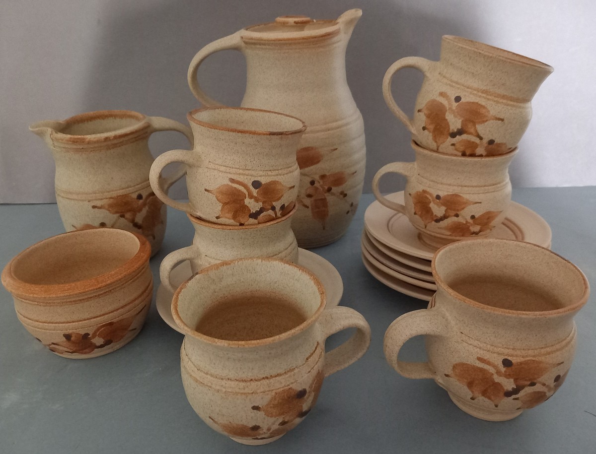 Ros MOREN (British 20th Century), Pottery Tea Set, includes 5 cups and saucers, Jug, Milk Jug,