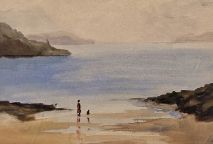 Mid 20th Century Figures on a beach, Watercolour, 8” x 11.5” (20cm x 29cm),