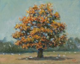 Robert JONES (British b. 1943) Autumn Oak, Oil on board, Signed with initials lower right, titled