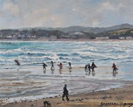 Geoffrey HUBAND (British b. 1945) Surfers, Oil on board, Signed lower right, 7.5" x 9.5" (19cm x