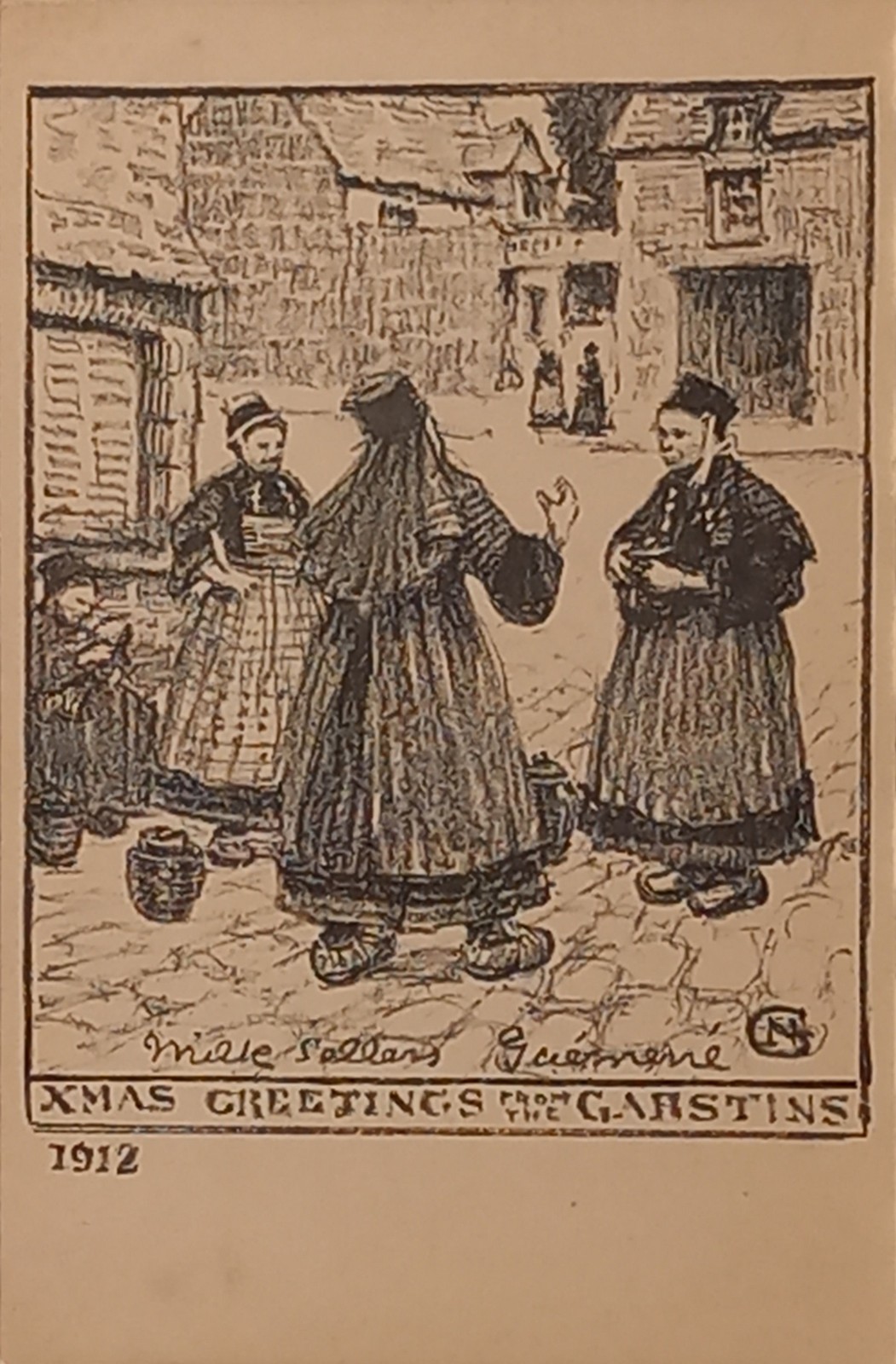 Norman GARSTIN (Irish 1847-1926) Four Xmas Greetings, 1 Woodblock print and 3 pencil drawings, all - Image 3 of 4