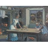 Betty NANKERVIS (British 20th Century) Preparing Dinner, farmers wife and children in a kitchen