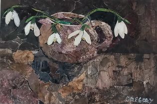 Annabelle GREGORY (British b. 1941) Devon Snowdrops, Collage, Signed lower right, titled and