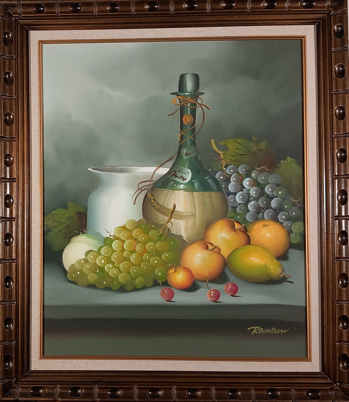 RAINBOW (20th Century) Still life with fruit and Italian Chianti Wine Bottle, Oil on canvas, - Image 2 of 3