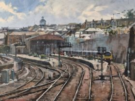 Geoffrey HUBAND (British b. 1945) Penzance Station, Oil on canvas, Signed lower left, titled on Mall