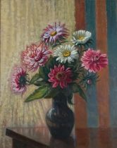 Late 19th / Early 20th Century, Still Life - A Vase of Chrysanthemums, Oil and pastel, indistinct