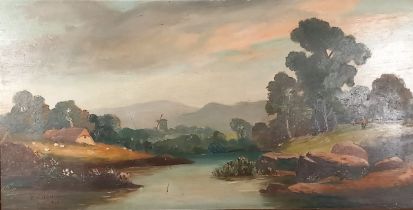 D H DENNING (Early 20th Century) River Scene with windmill in the distance, Oil on board, Signed and