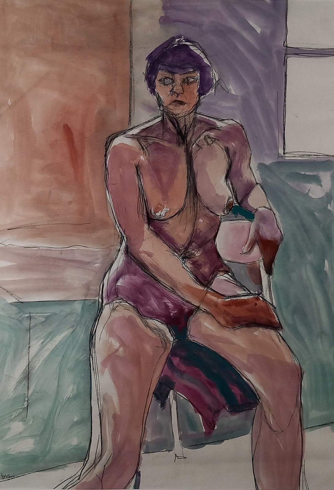 Barbara KARN (British b. 1949) Portrait of Sandra, Charcoal and watercolour on paper, Signed lower