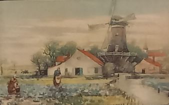 19th Century Dutch School, Figures Collecting Flowers, with Windmill in background, Watercolour, 3.