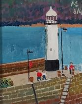 Andrew STEWART (British b. 1948) Three on Smeaton’s Pier, Oil on board, Signed with initials and
