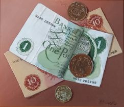 Norman BLACK (British 1920-1999) Pre-decimal Currency - tromp l'oeil, Oil on board, Signed lower