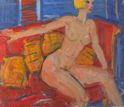 Kanwaldeep Singh KANG (aka Nicks) (British 1964-2007) Nude Seated on a Red Couch, Oil on canvas,