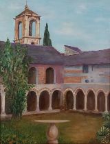 Mid 20th Century, Inner Courtyard of a Monastery (possibly Italy), Oil on board, 17.5” x 13.5” (44cm