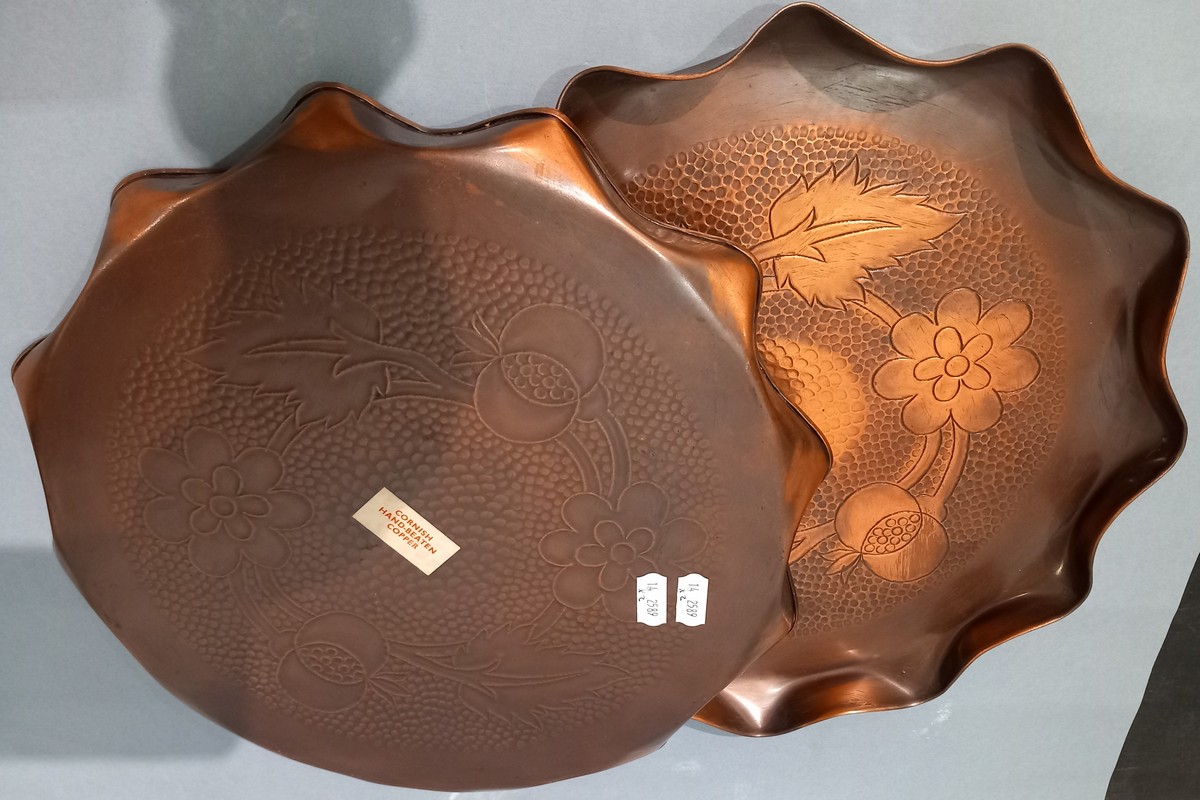 Two Art Nouveau period Cornish art circular copper trays with fruit and flower repoussé design, - Image 2 of 2