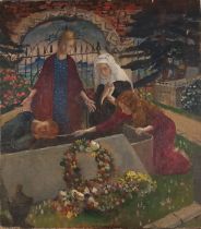 Joan MANNING-SANDERS (British 1913-2002) Mourners at a tomb, Oil on canvas, 18” x 16” (45cm x 40cm),